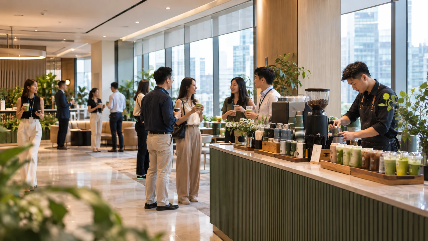 Waterloo Coffee serving coffee and matcha at a corporate event in Singapore