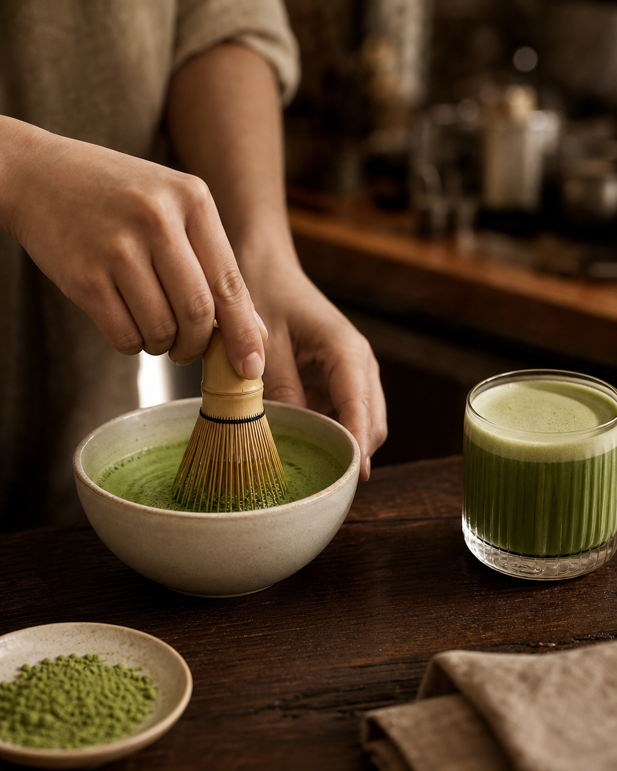 Barista whisking matcha beside a finished green matcha drink
