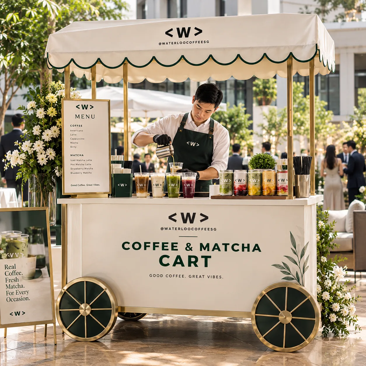 Waterloo Coffee barista pouring matcha at the coffee and matcha cart at an elegant celebration in Singapore